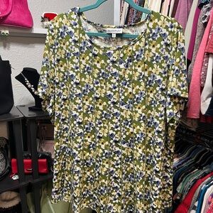 NorthStyle Olive Green Floral Short Sleeve Top with Blue & Cream Accents